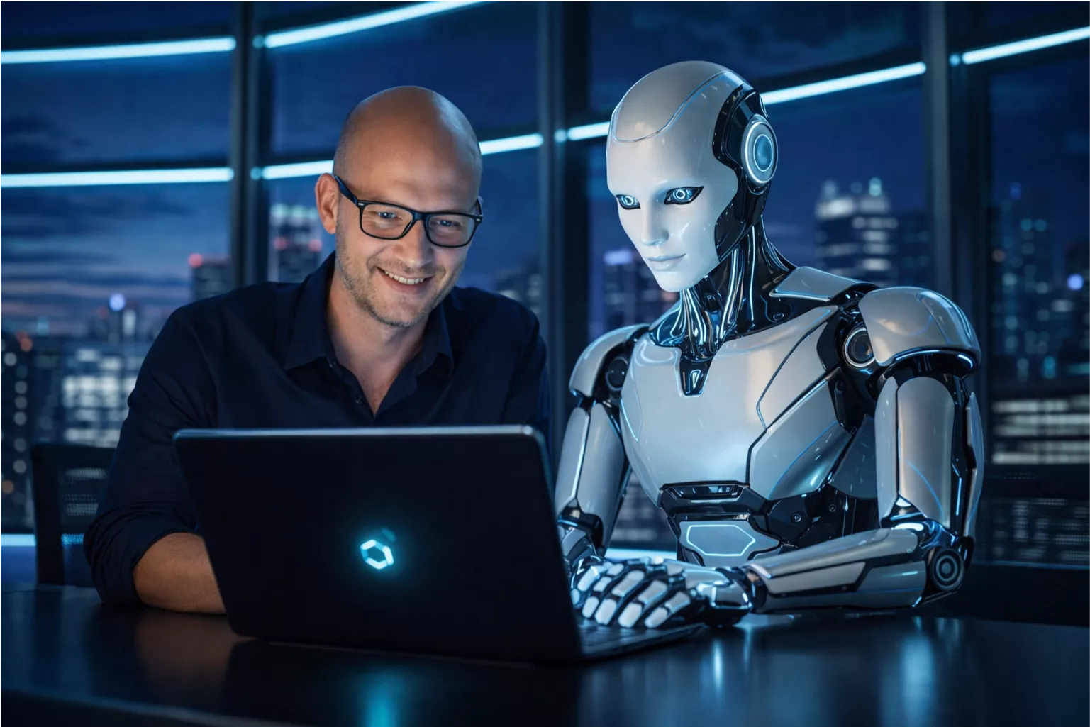 Florian Penninger, Gründer von KI-Horizon Marketing, arbeitet gemeinsam mit einem KI-Roboter am Laptop